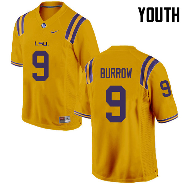 Youth #9 Joe Burrow LSU Tigers College Football Jerseys Sale-Gold